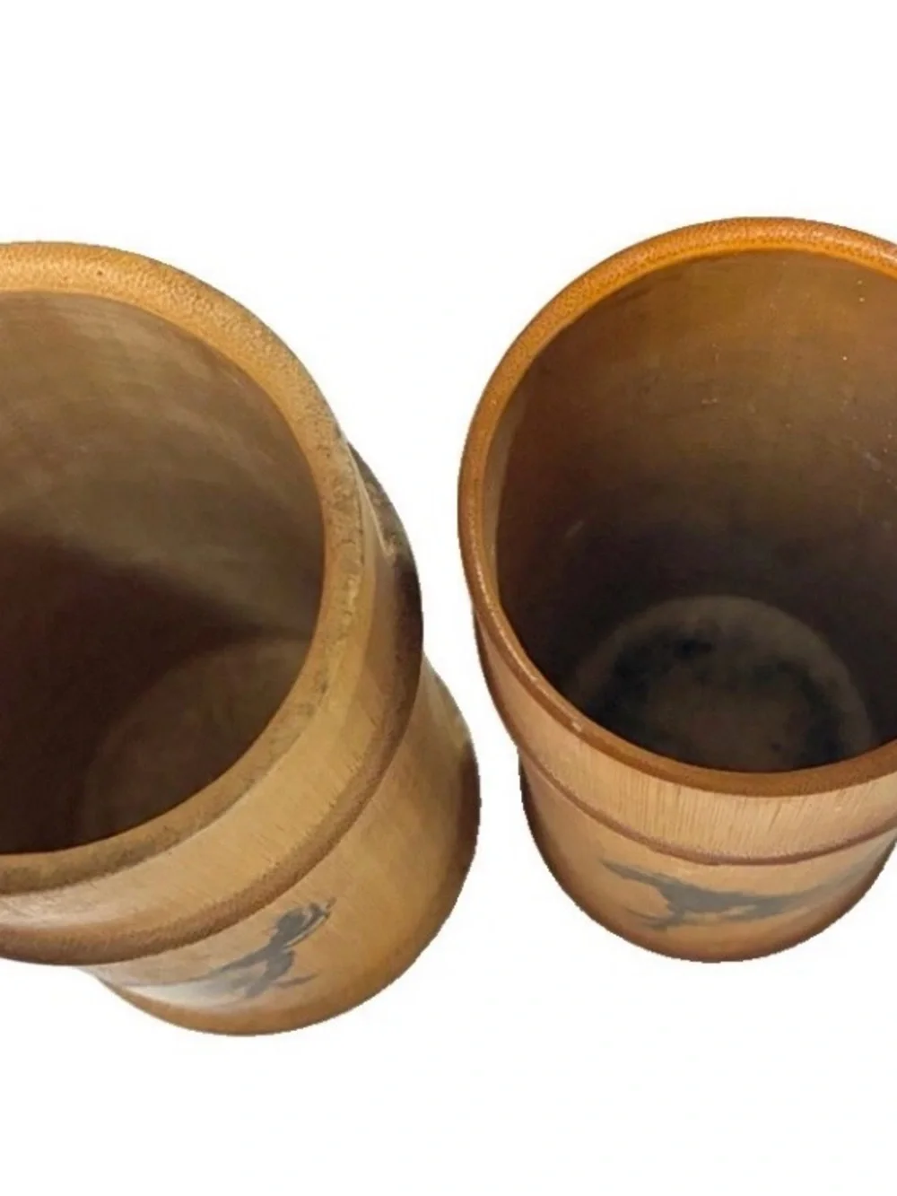 Vintage Asian Hand painted Bamboo Vases Lot of 2 Seven and 1/2 Inches Tall